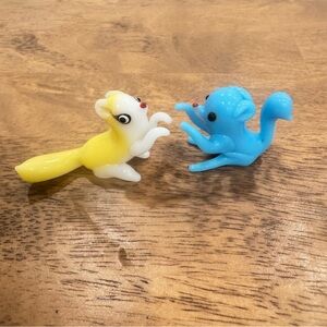 Miniature Glass Playful Squirrels Small Tiny Yellow Blue Animals Set of 2